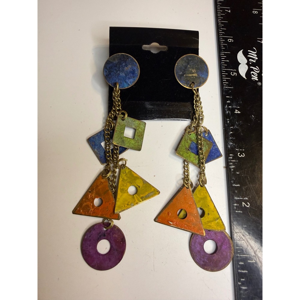 Multicolor Enameled Geometric Drop Earrings Mixed Metal Statement Post Back
